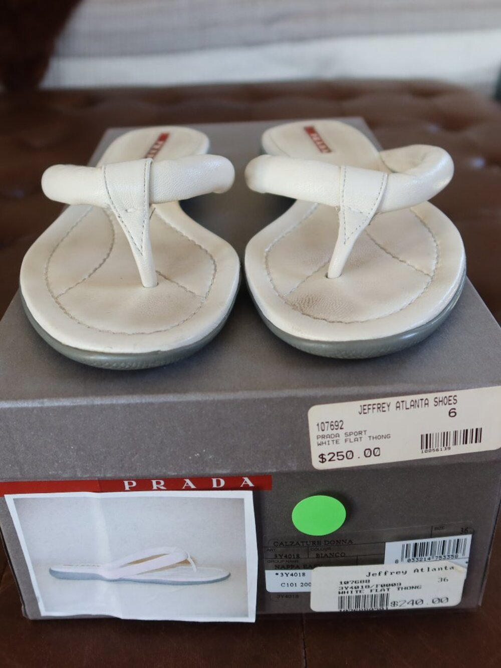 Vintage Prada white leather "Calzature Donna" thong sandals size 6M with box